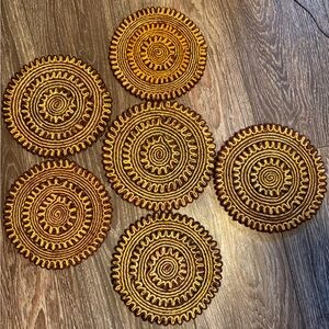 Vintage Round Embroidered Coasters - Gold & Brown Set of 6